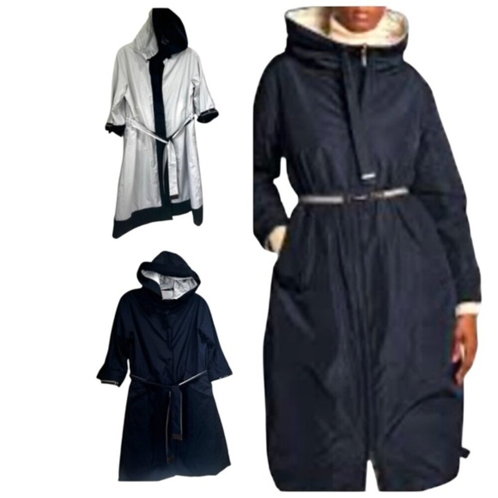 Max Mara S Reversible Trench Coat Hood Jewels  Pockets Water Repellent Jacket 4